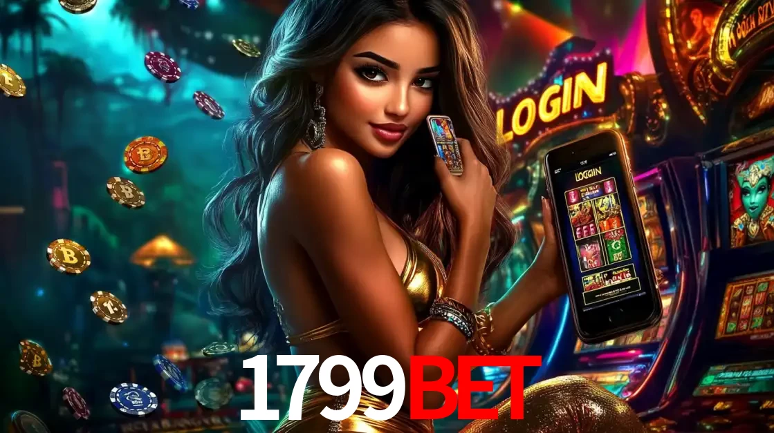 Mulher em um cenário de cassino temático de aventura, mostrando o app de caça-níqueis da 1799BET no celular. Fichas de apostas flutuam ao redor.