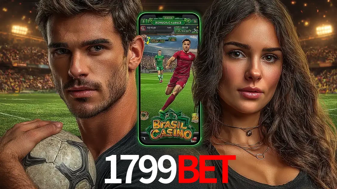 Homem segurando uma bola de futebol e uma mulher ao lado de um smartphone exibindo o jogo de apostas esportivas da 1799BET. Faça seu palpite no cassino online.